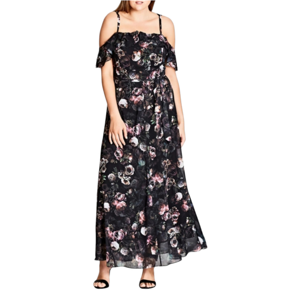 City Chic Maxi Vintage Peony Floral Chiffon Dress 20 NEW Off The Shoulder Ruffle